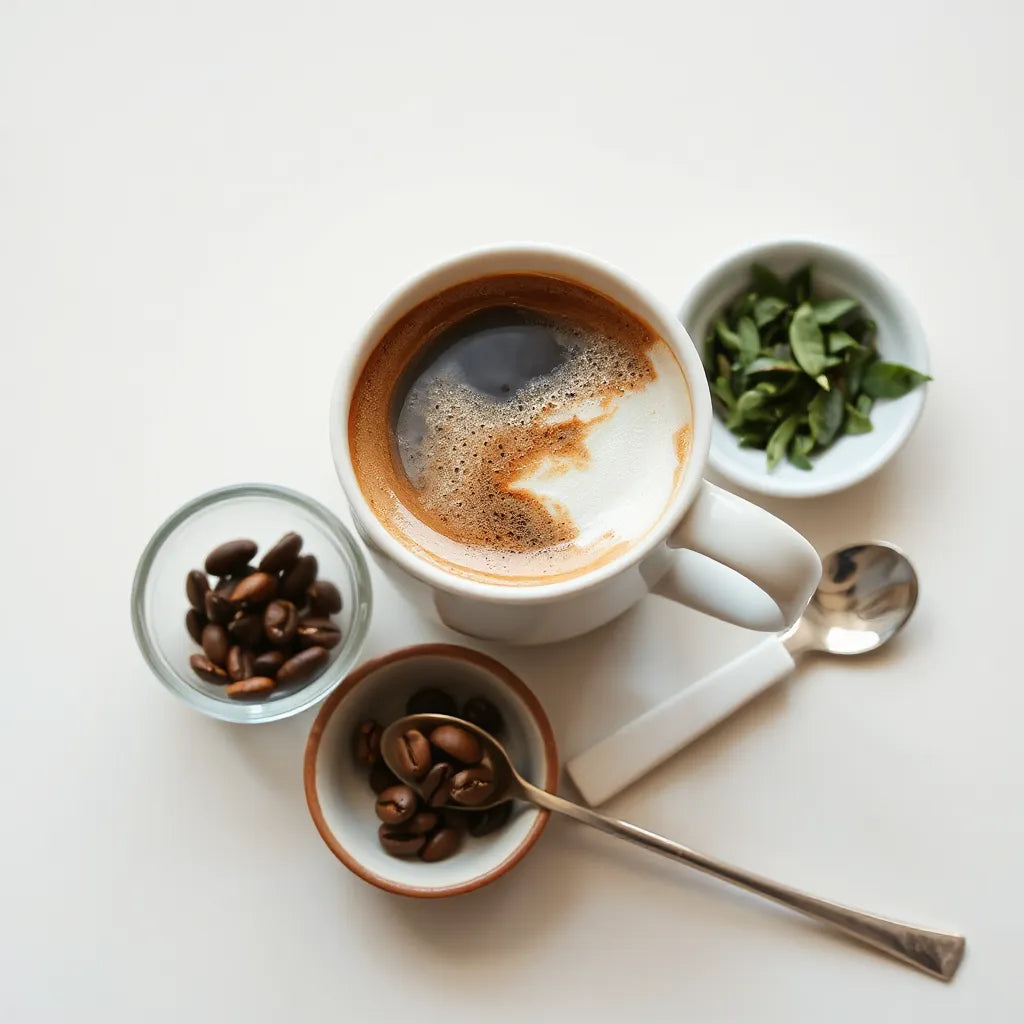 Latte cup with coffee beans and looseleaf tea leaves on a neutral tabletop