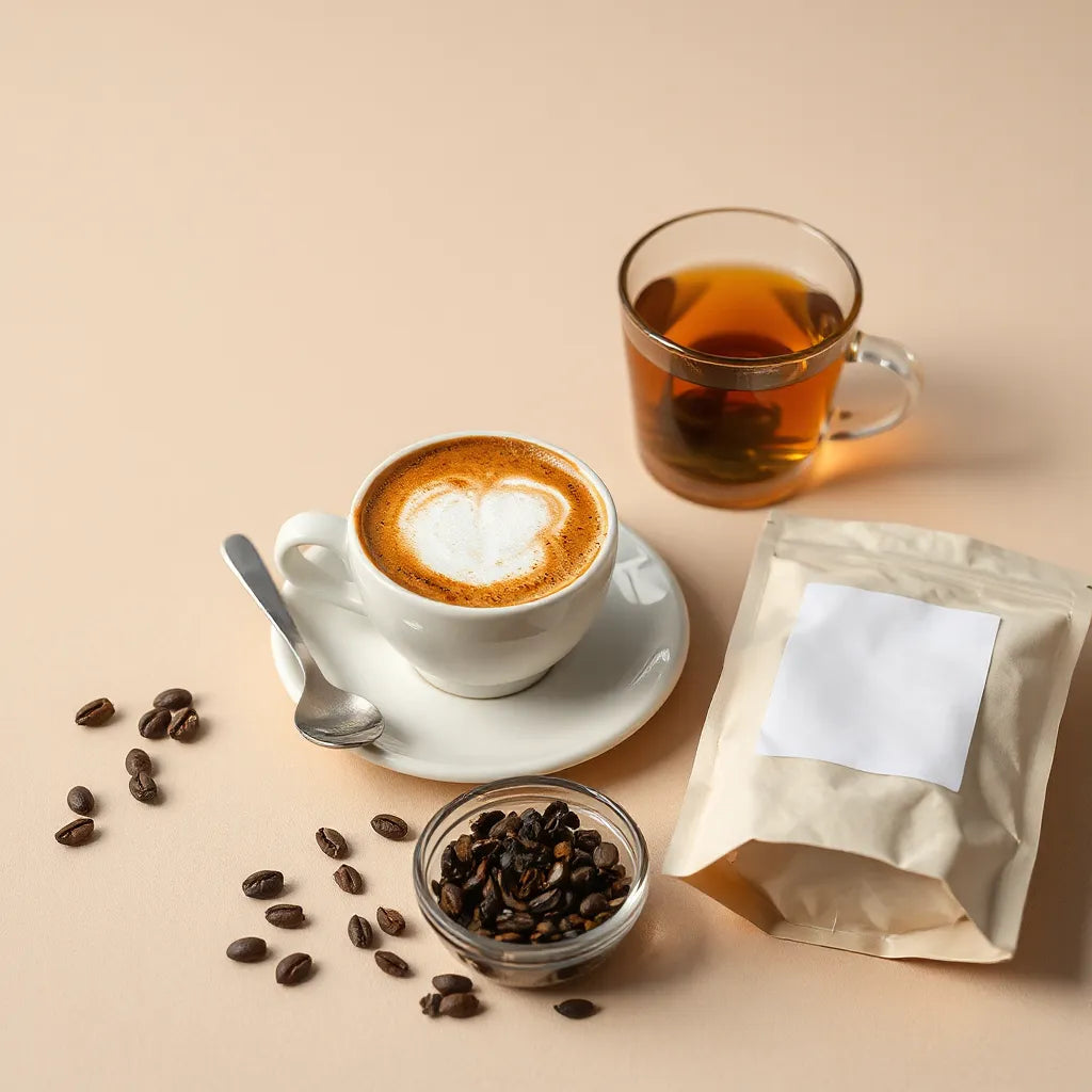Latte cup and glass of looseleaf tea alongside coffee beans on a clean tabletop