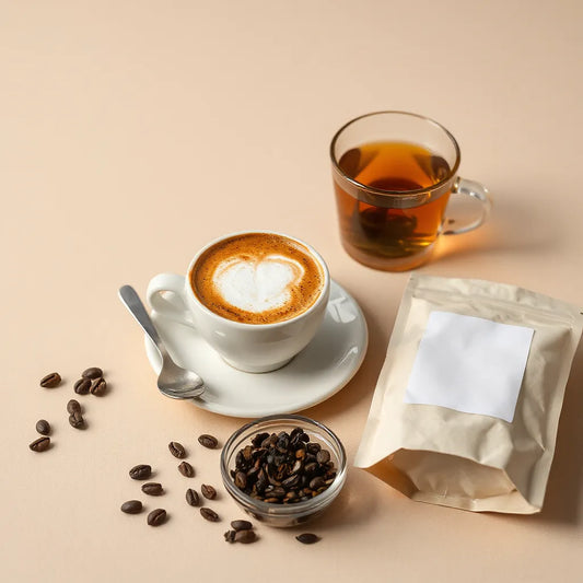 Latte cup and glass of looseleaf tea alongside coffee beans on a clean tabletop