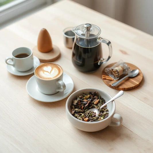 Latte cup with latte art beside pour-over coffee and looseleaf tea leaves in a bowl
