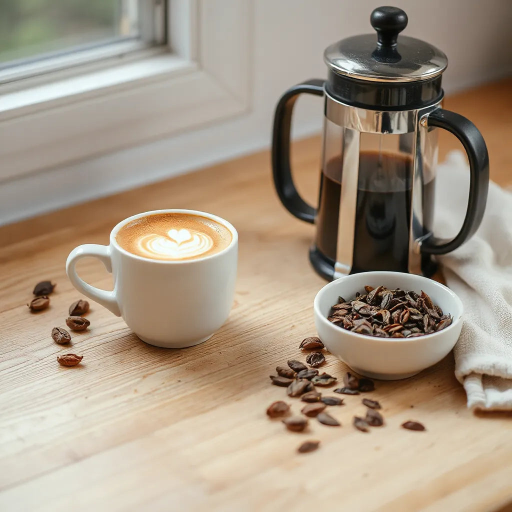 Latte in a ceramic cup beside coffee brewing tools and a small bowl of looseleaf tea leaves