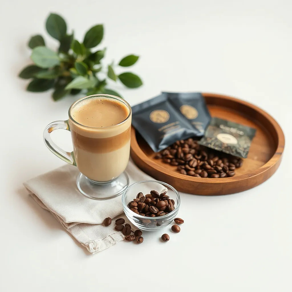 Latte with fresh roasted coffee beans and looseleaf teas on a wooden tray