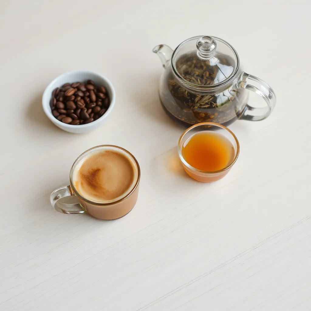 Creamy latte beside a teapot of looseleaf leaves and whole coffee beans on a light wood table
