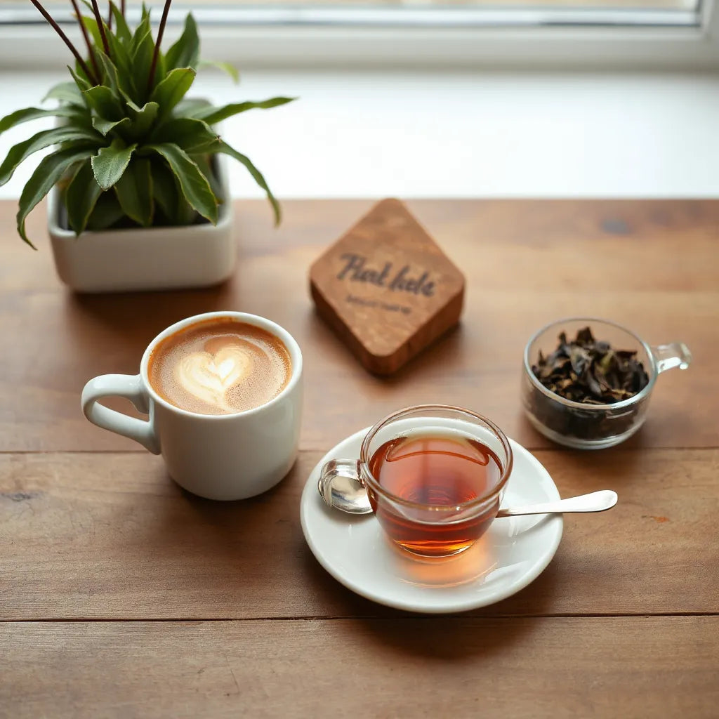 Latte and coffee cups beside looseleaf tea leaves on a wooden table with soft natural light