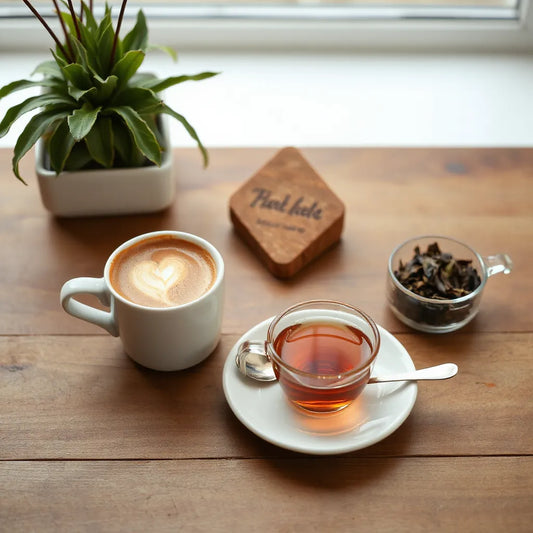 Latte and coffee cups beside looseleaf tea leaves on a wooden table with soft natural light