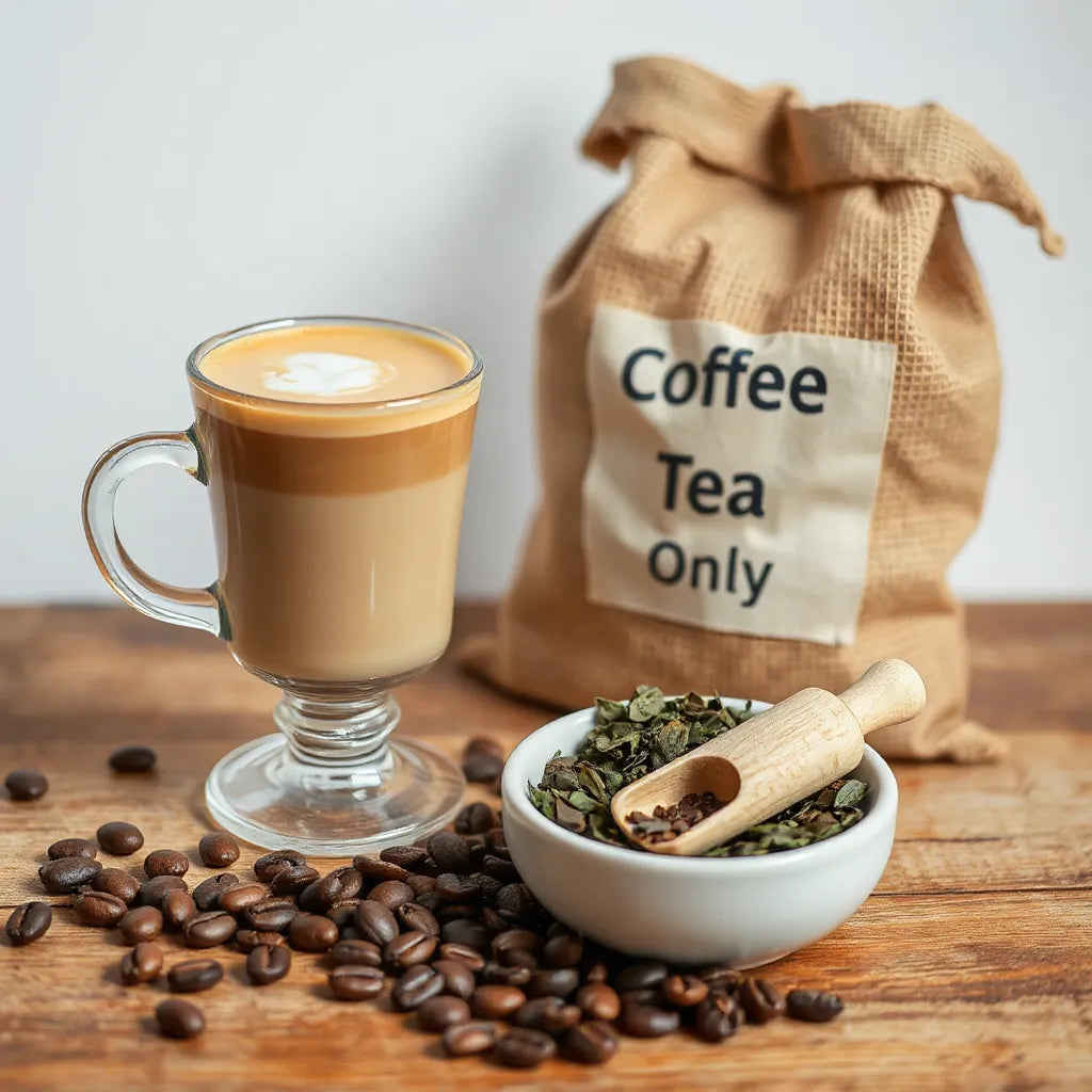 Latte glass with microfoam beside looseleaf tea and scattered fresh coffee beans on a rustic table