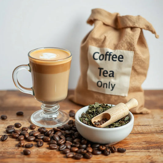 Latte glass with microfoam beside looseleaf tea and scattered fresh coffee beans on a rustic table