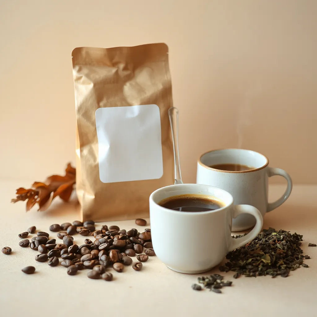 Fresh roasted coffee beans, a creamy latte, and brewed looseleaf tea in simple cups on a warm background