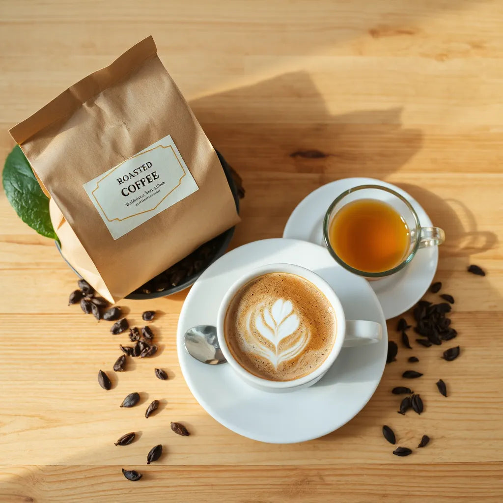 Steaming latte beside looseleaf tea and roasted coffee beans on a wooden surface