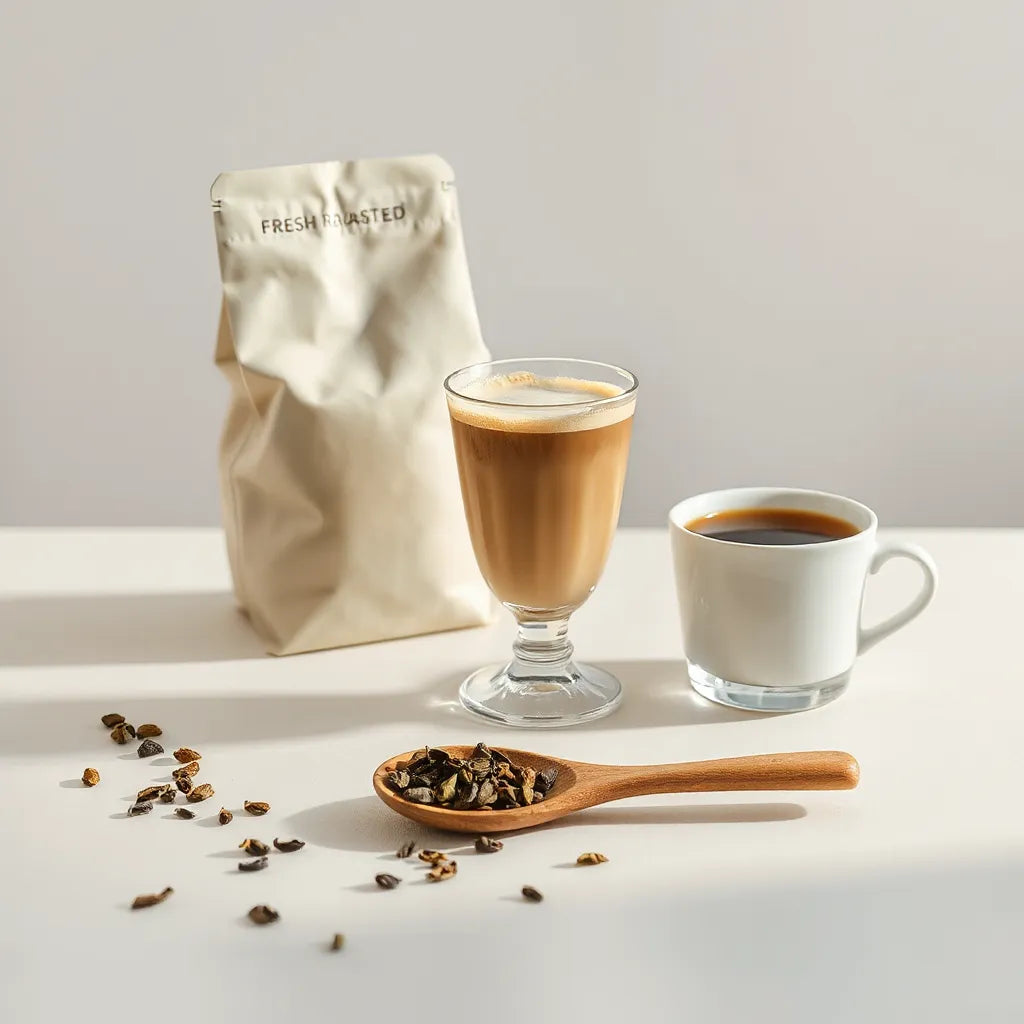 Latte, brewed looseleaf tea, and loose tea leaves on a warm tabletop
