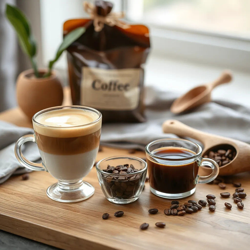 Latte with microfoam next to fresh coffee and looseleaf tea leaves on a neutral tabletop.