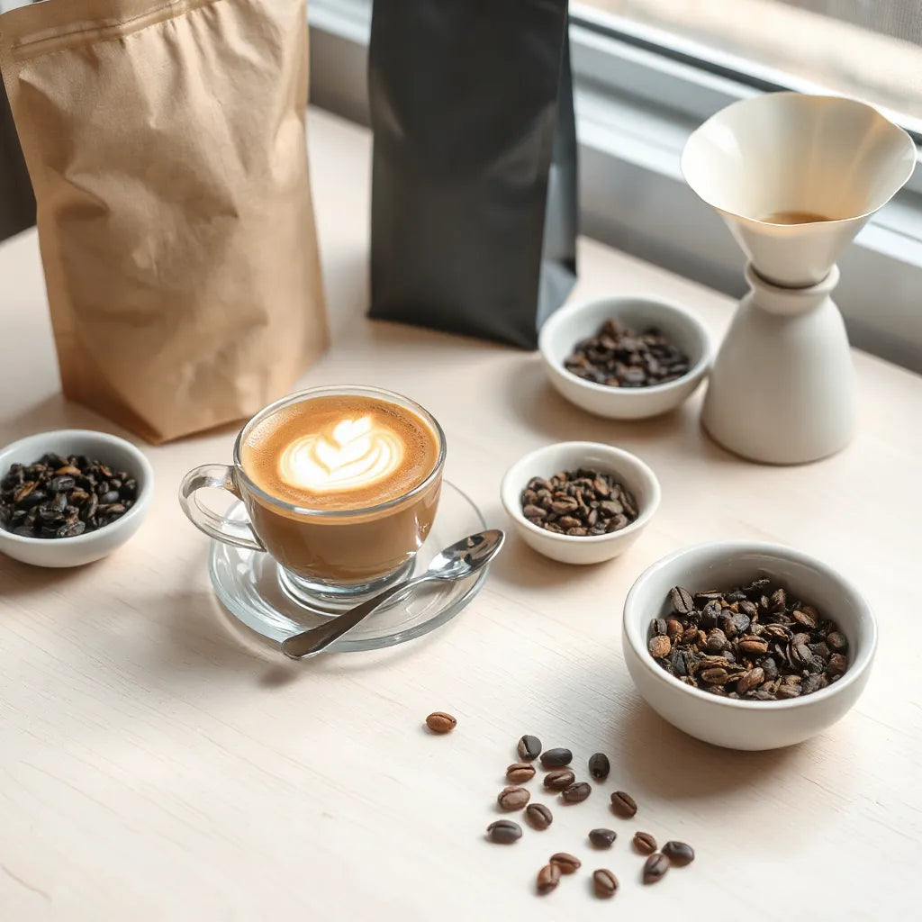 A latte with microfoam beside whole coffee beans and looseleaf tea bowls on a wooden table