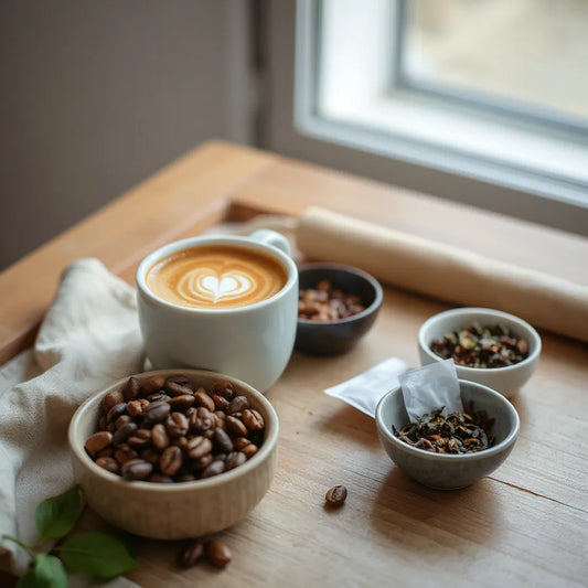 Latte in a ceramic cup beside roasted coffee beans and looseleaf tea leaves on a wooden table