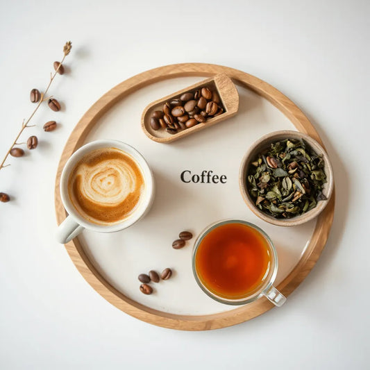 Latte and coffee cups beside looseleaf tea leaves and fresh roasted coffee beans on a wooden tray