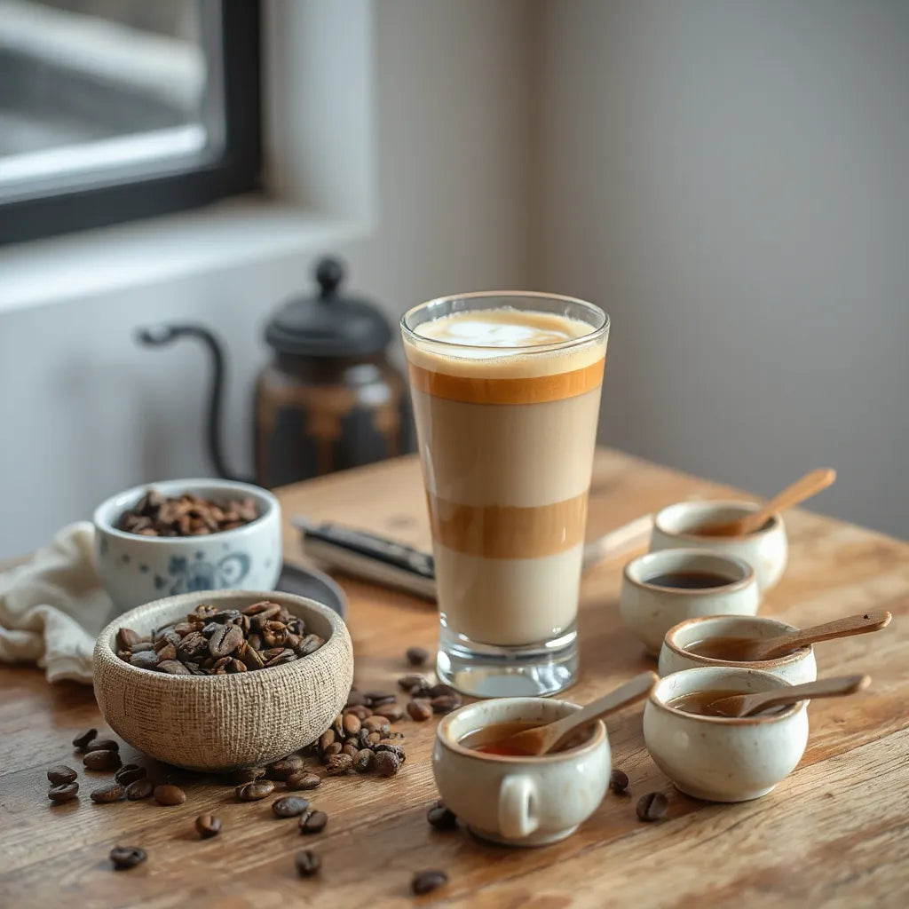 Fresh latte alongside roasted coffee beans and looseleaf teas on a rustic café table