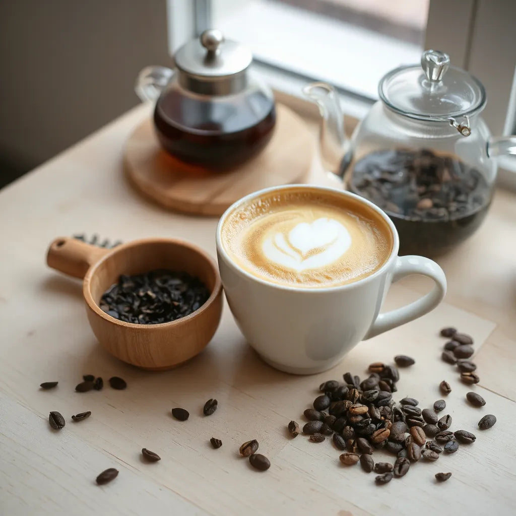Latte, fresh coffee, and looseleaf tea leaves arranged on a light wood table