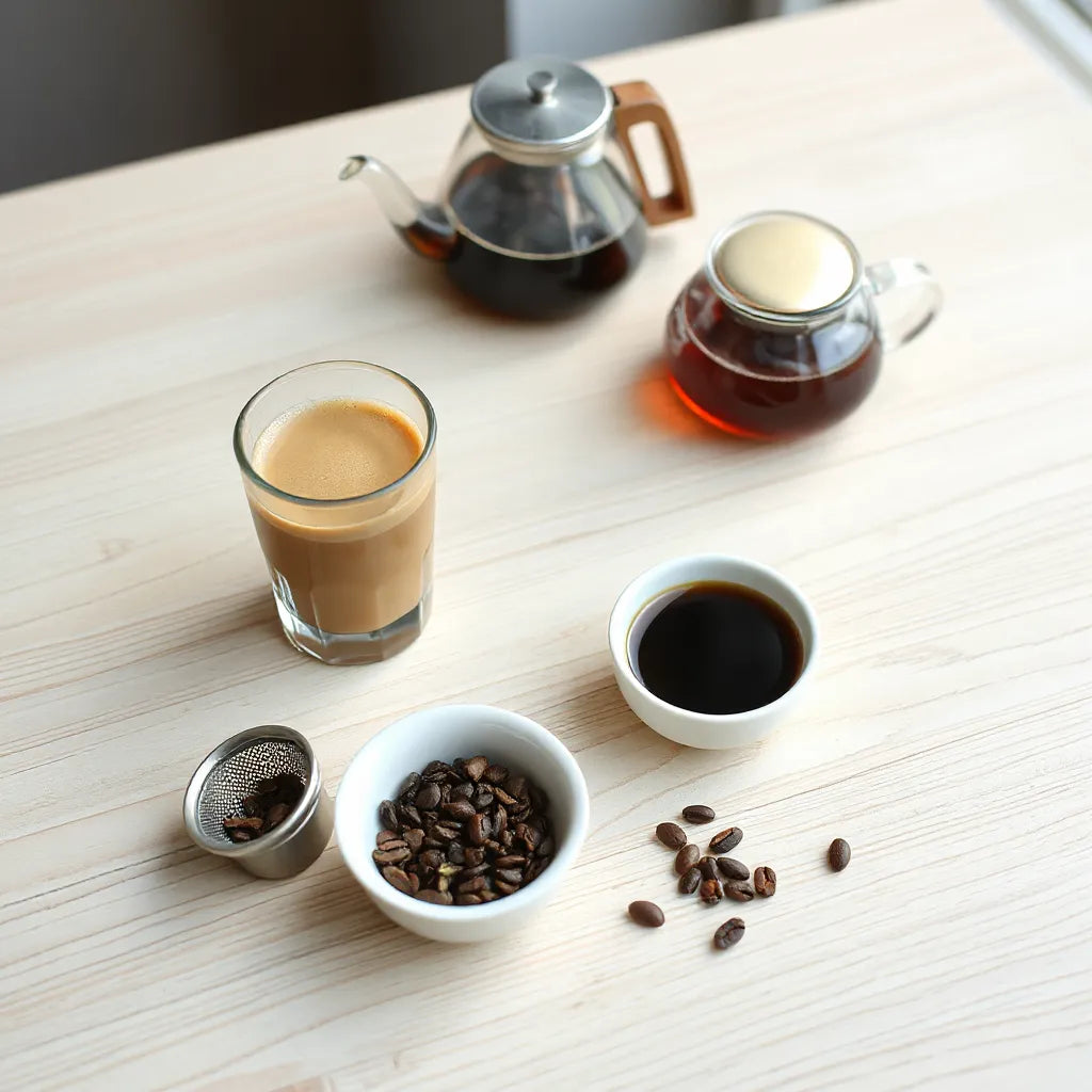 Fresh latte, coffee, and looseleaf teas arranged on a light wood table with scattered beans and tea leaves
