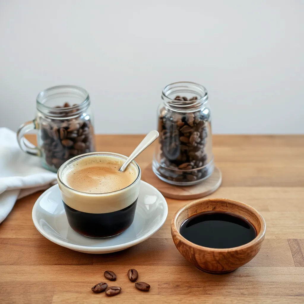Latte, roasted coffee beans, and looseleaf tea leaves arranged on a wooden table
