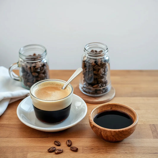 Latte, roasted coffee beans, and looseleaf tea leaves arranged on a wooden table