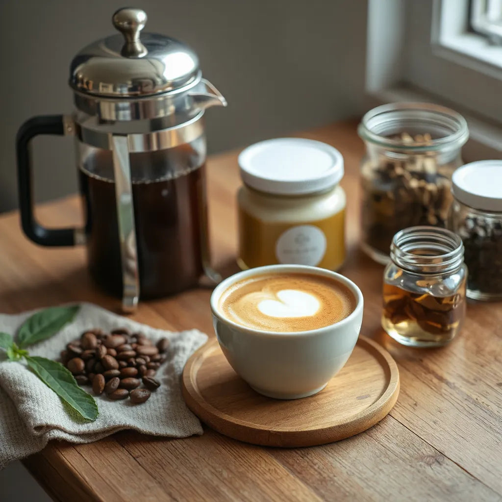 Latte cup with coffee beans and looseleaf tea jars on a wooden countertop