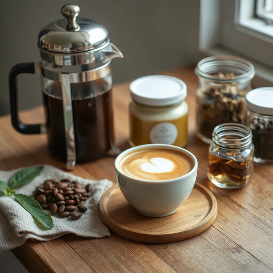 Latte cup with coffee beans and looseleaf tea jars on a wooden countertop